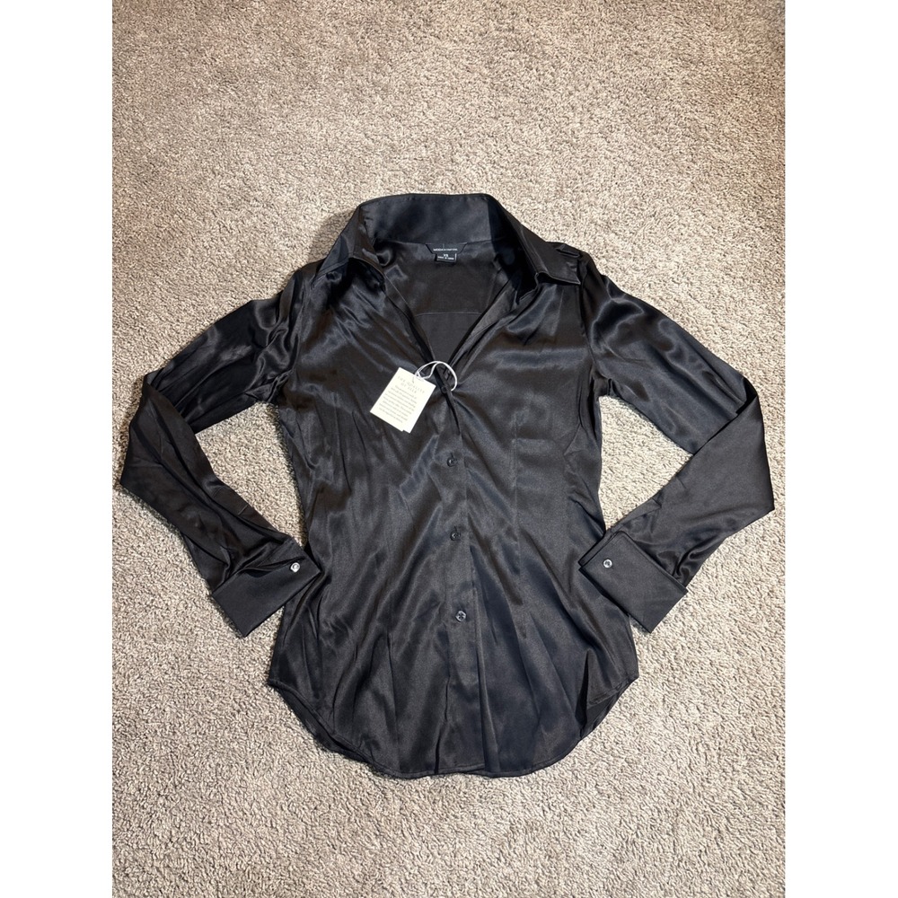 Vintage Moda International Black Silk Blend Satin Button Down XS Long Sleeve